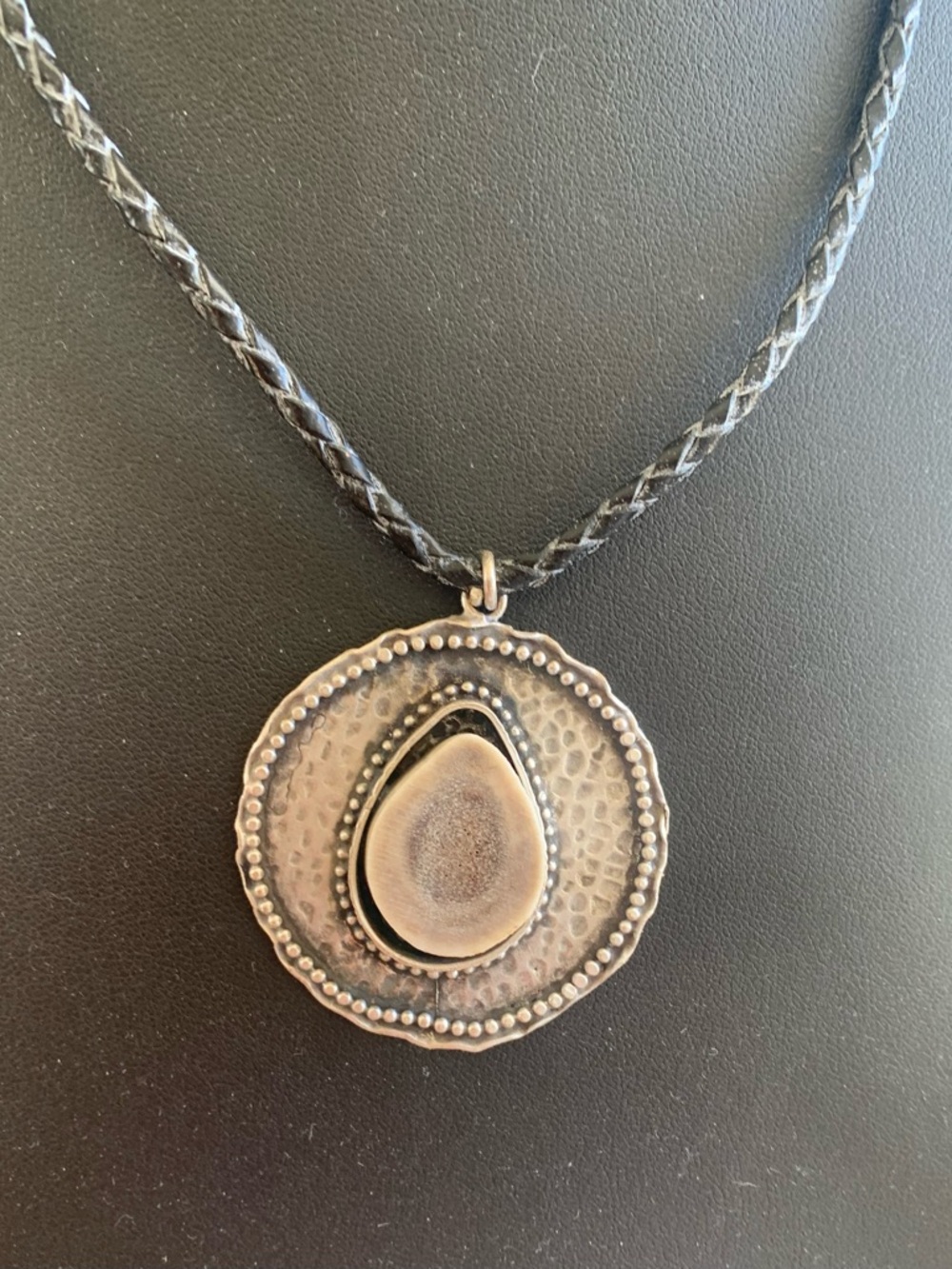 Antlers Antique Silver-Tone Teardrop Pendant Necklace - Black Leather Cord